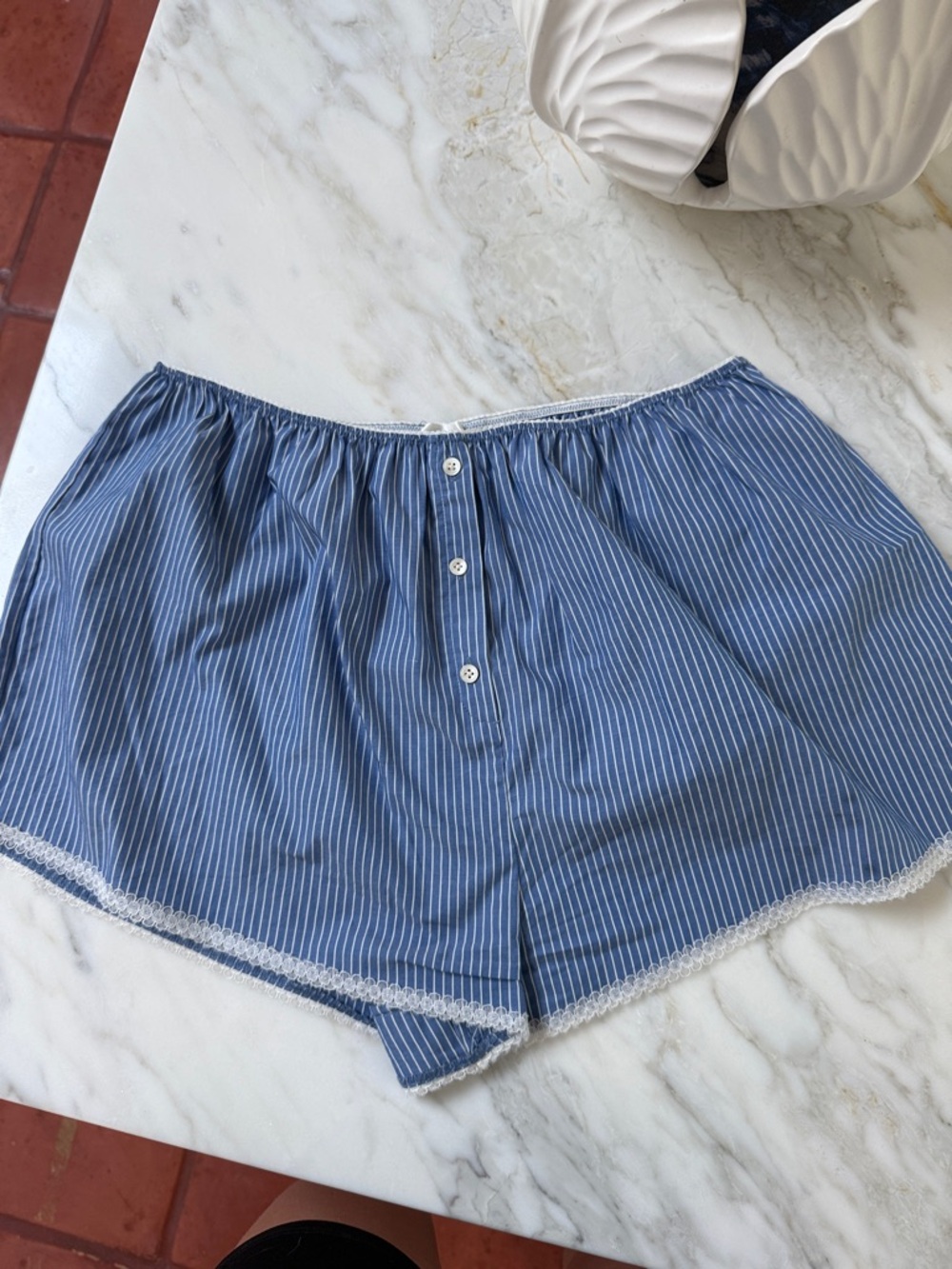 Blue Pinstripe Lace-Trim Women's Athletic Shorts